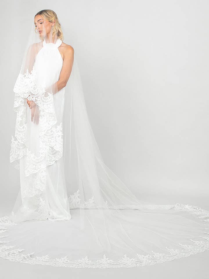 Tiana Two-Tier Cathedral Veil with Wide Lace Trim for wholesale by Ariel Taub