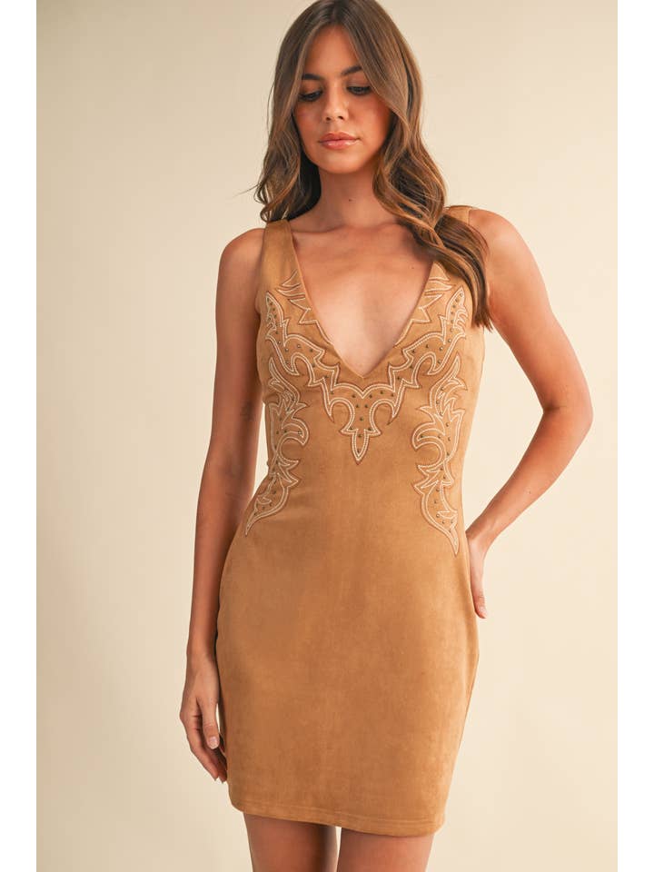 Klesis - Wholesale Dress - Women's - ID9506 WESTERN STUD EMBROIDERED PLUNGE V NECK MINI DRESS