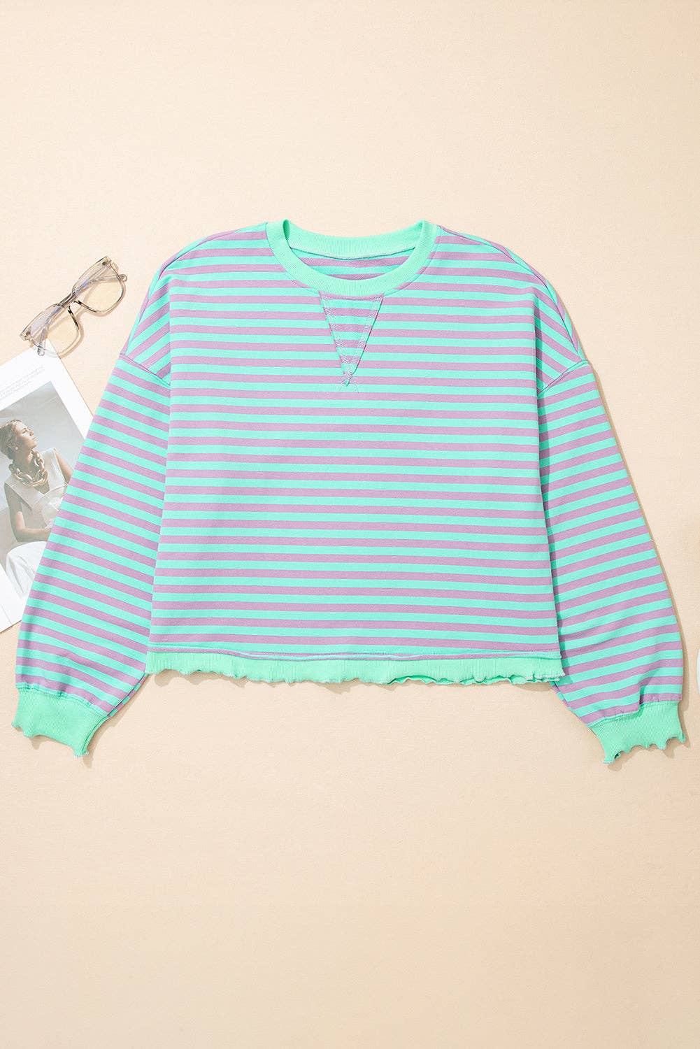 Green Stripe Exposed Seam Contrast Ribbed Trim Oversize Sweatshirt for wholesale on Faire