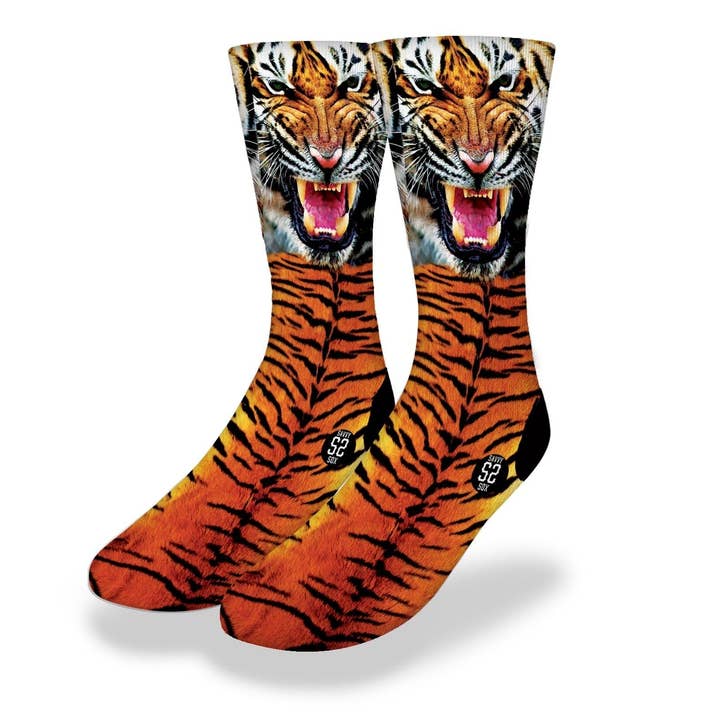 SCOWLING TIGER FACE Fun Animal Print Socks for wholesale by Savvy Sox