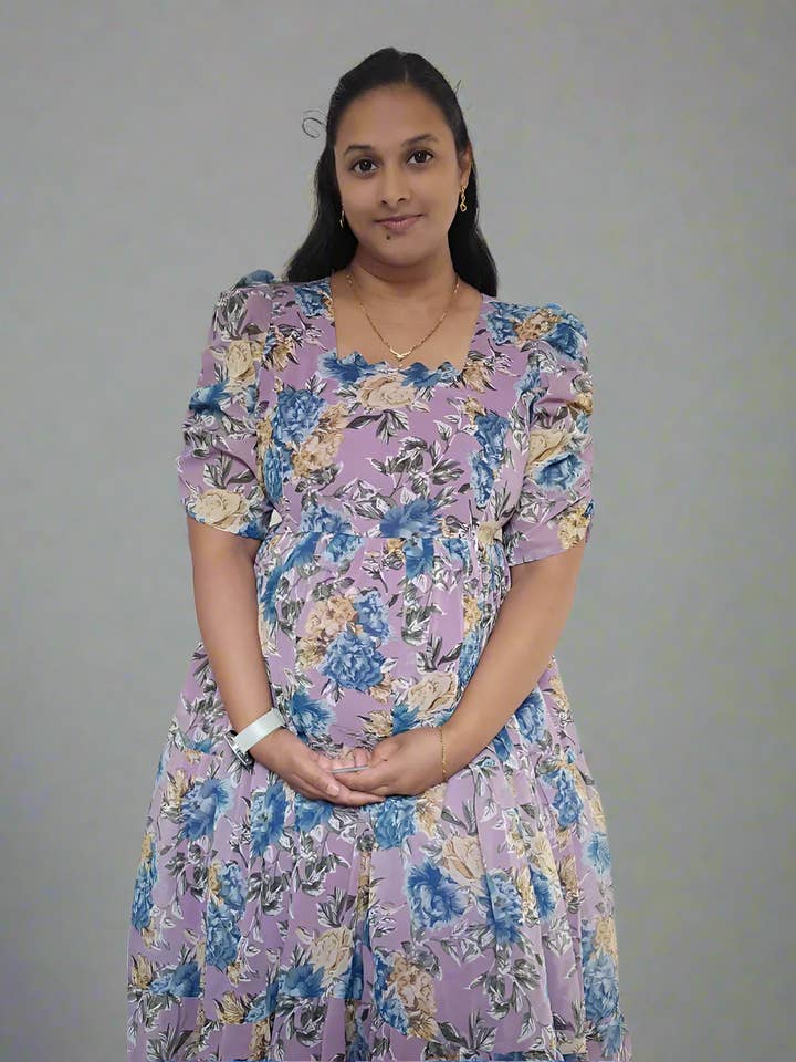 Purple with Blue & Gold Roses Maxi Dress for wholesale by Mamma | Maternity & Nursing Wear