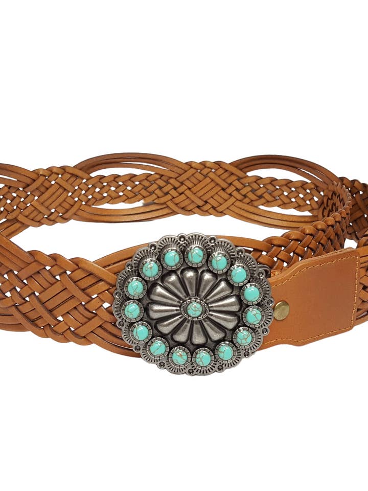 Handgeflochtener Ledergürtel mit türkisfarbener Schnalle für den Großhandel von Axesoria West