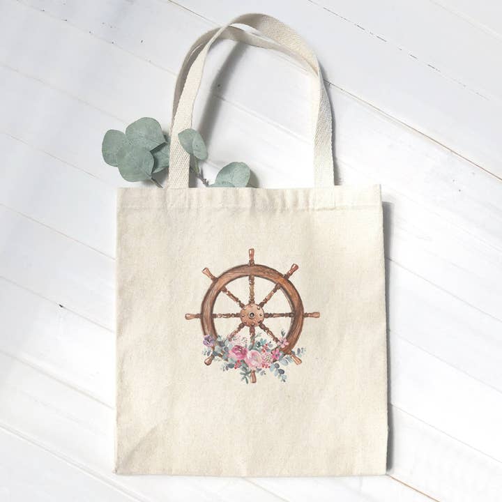 Roue de bateau à fleurs aquarelle - Sac fourre-tout en toile pour la vente par Cottage Shore