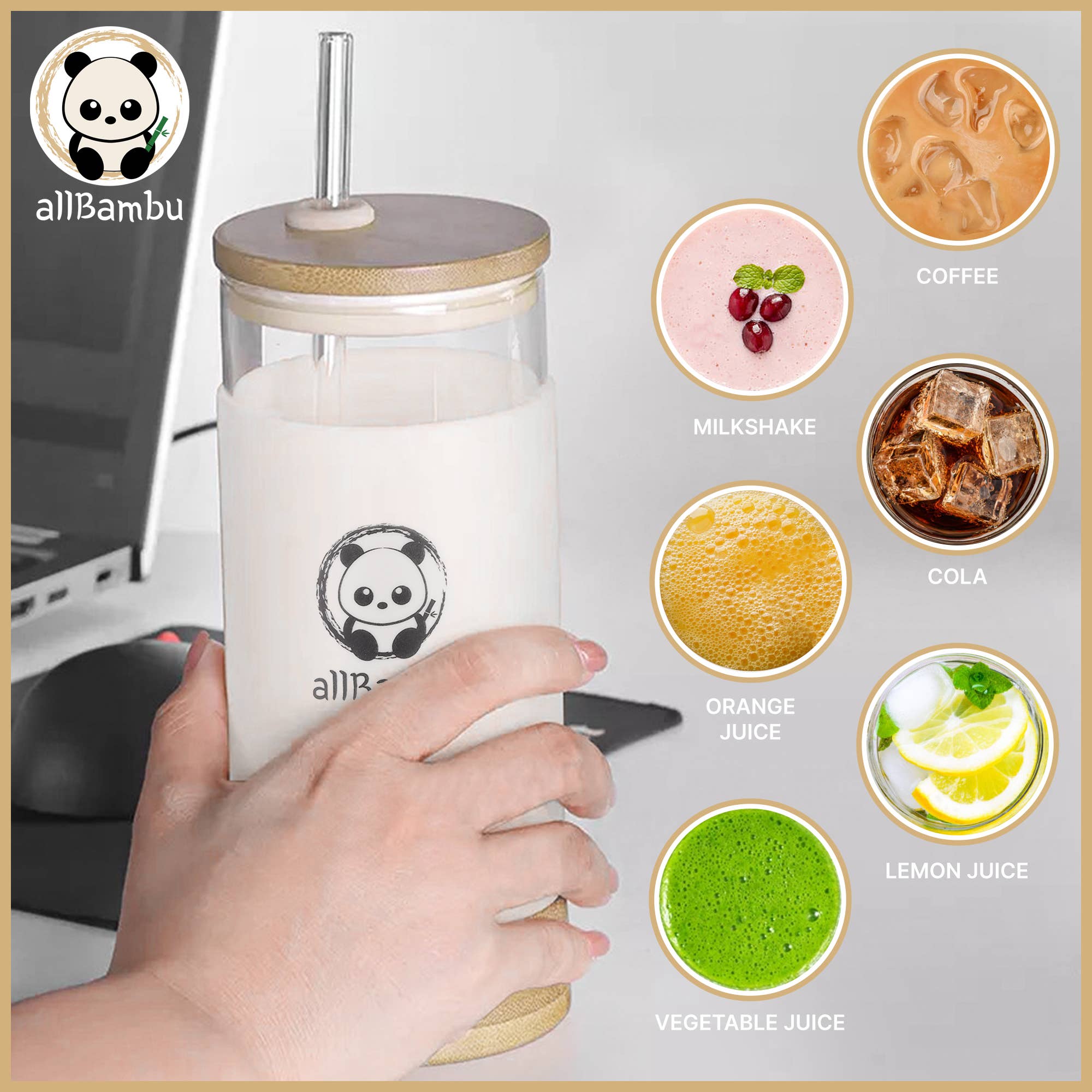 allBambu Inc - Wholesale Drinking Glass/Cup - Glass Tumbler, Glass Coffee Cup with Bamboo Lid & Straw 20oz3