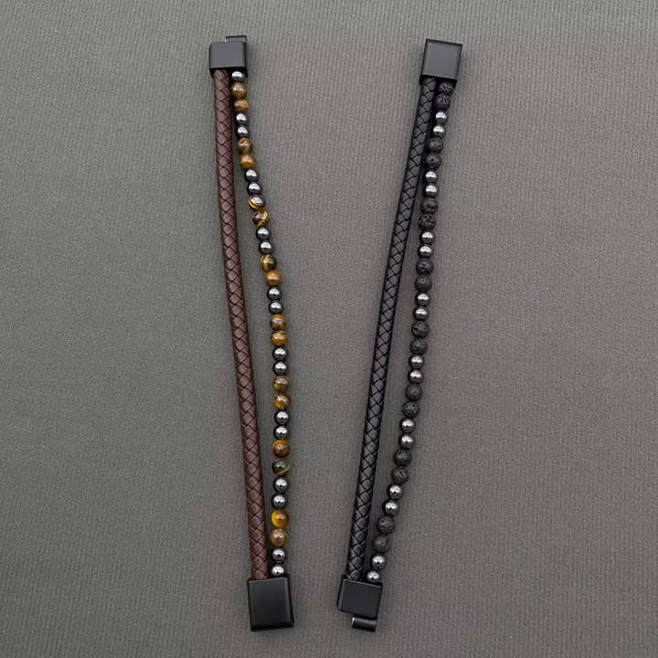 Mio Queena - Wholesale Bangle Bracelet - Stone Beads PU Leather Men's Magnetic Buckle Bracelet -MJ/BC3