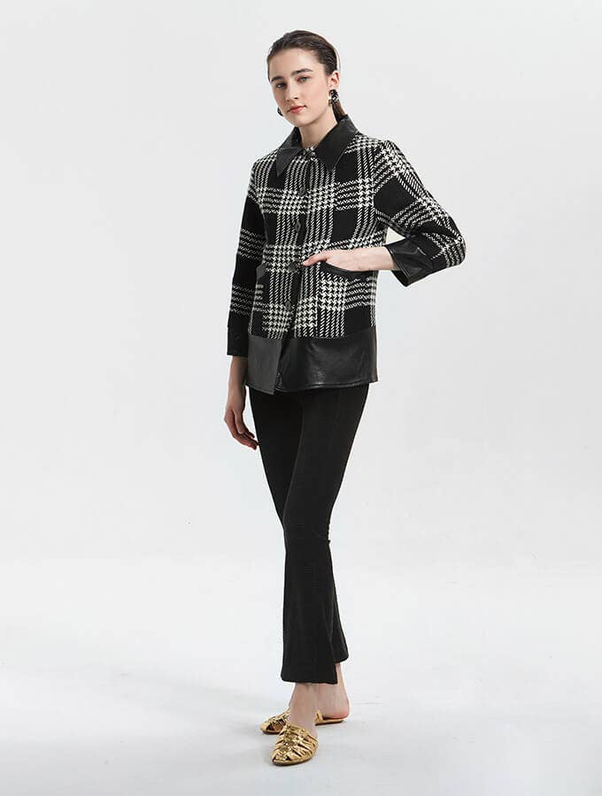 Black PU and Plaid Wool Casual Coat for wholesale on Faire6