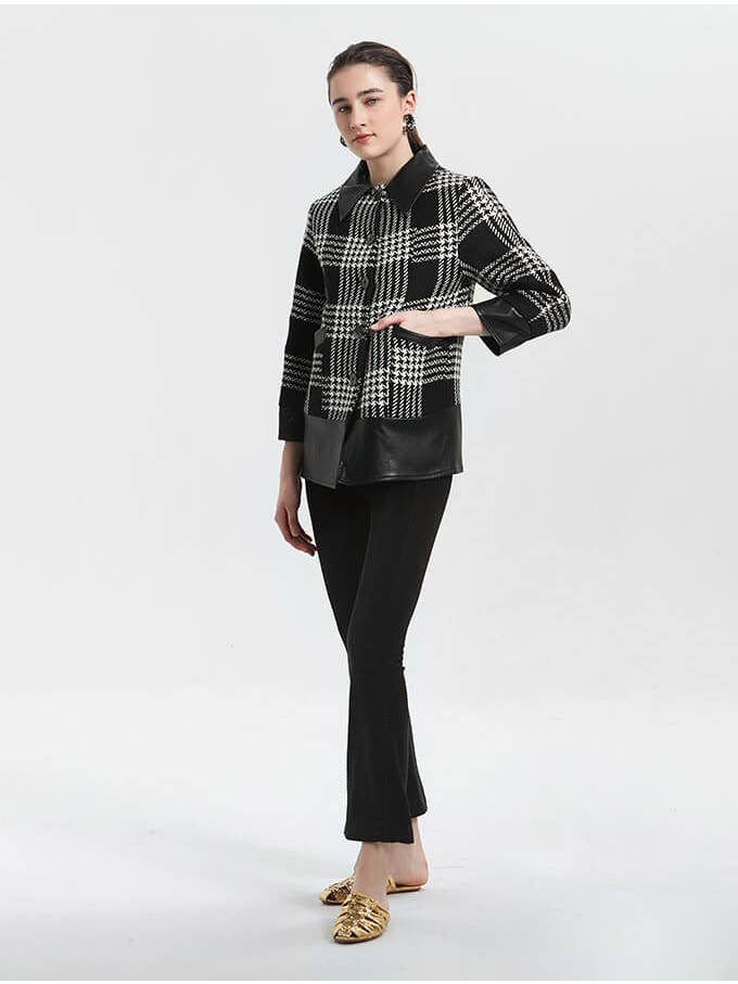 Black PU and Plaid Wool Casual Coat for wholesale on Faire6