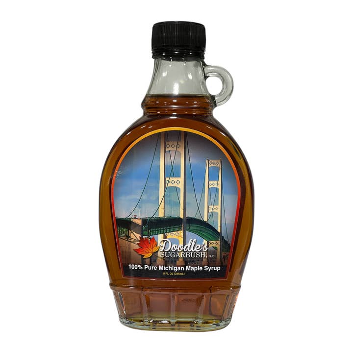 Mackinac Bridge Scene (Michigan Maple Syrup - 8 oz glass) for wholesale by Doodle's Sugarbush, LLC - Pure Michigan Maple Syrup