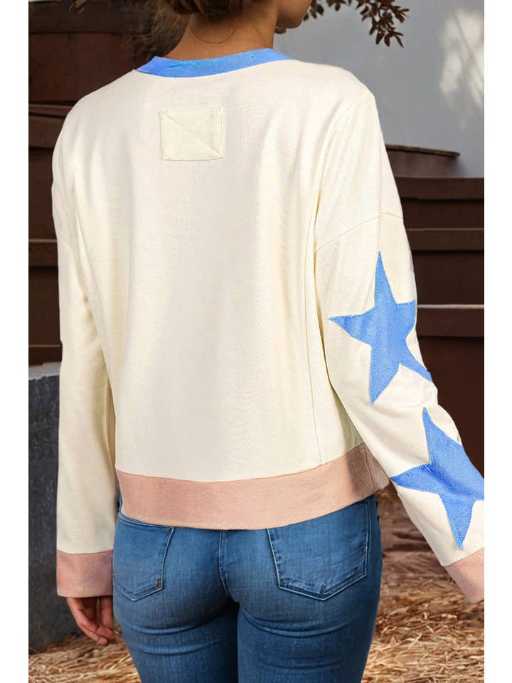66DISCO - Wholesale Sweatshirt - Women's - Star Print Long Sleeve Patchwork Oversized Sweatshirt (S-XL)