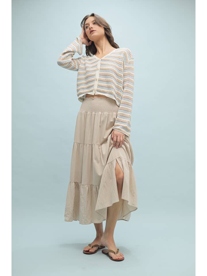 TAUPE COTTON TIERED MIDI SKIRT / WL24-9880 for wholesale on Faire