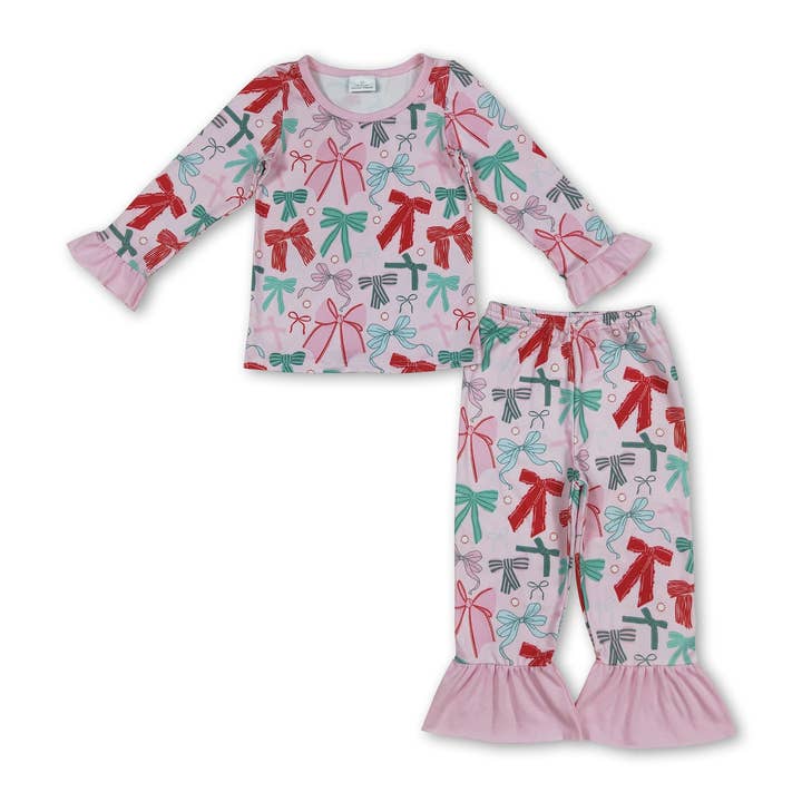 Pink long sleeves colorful bows girls Christmas pajamas for wholesale by Yawoo Garments