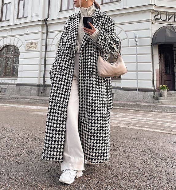 Black and white houndstooth long trench coat for wholesale on Faire5