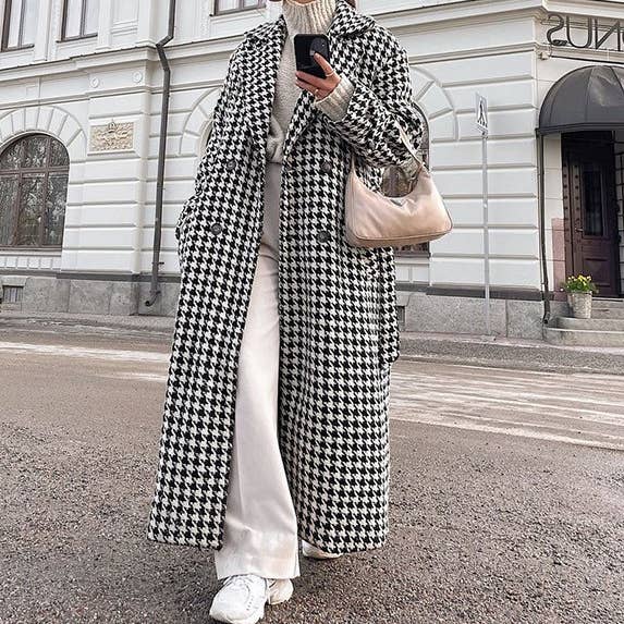 Black and white houndstooth long trench coat for wholesale on Faire5