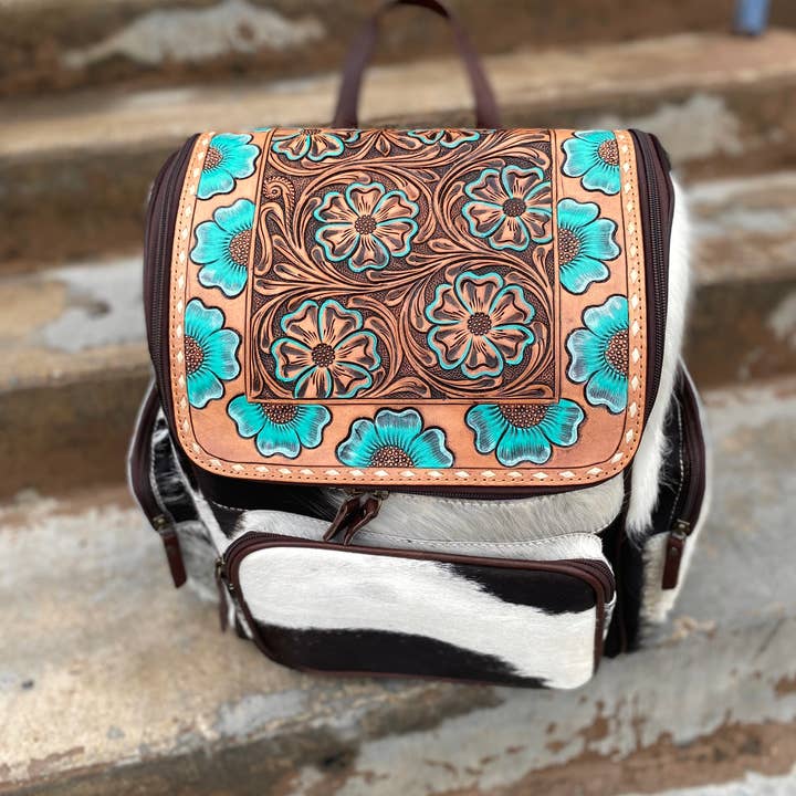 Western Linens - Wholesale Backpack - Women's - Turquoise Floral Tooled Leather & Cowhide Backpack  Â