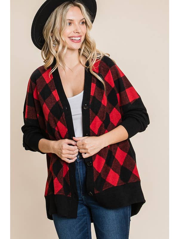 Emerald Collection - Wholesale Cardigan - Women's - ETK-8553-PL Plus Size Buffalo Plaid Knit Cardigan 11