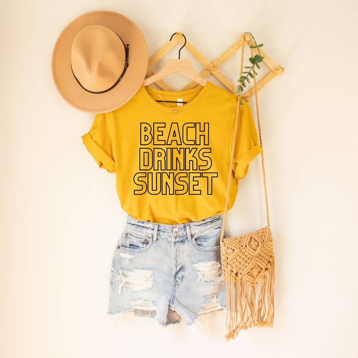 Beach Drink Sunset Mustard Tee Black Ink for wholesale by Simply Tees