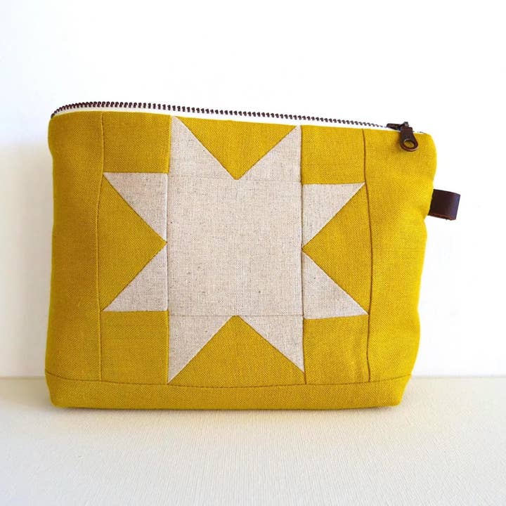 Medium Zipper Bag | Quilted Pouch | Sawtooth Star YELLOW for wholesale by PaperFromHeaven
