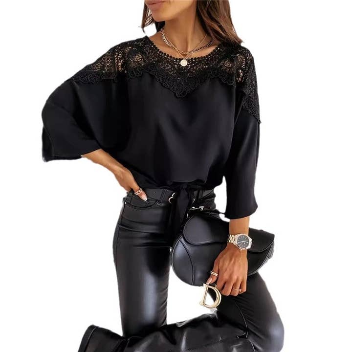 Sheer Trend - Wholesale Blouse - Women's - Round Neck Long Sleeve Lace Trim Shirt5
