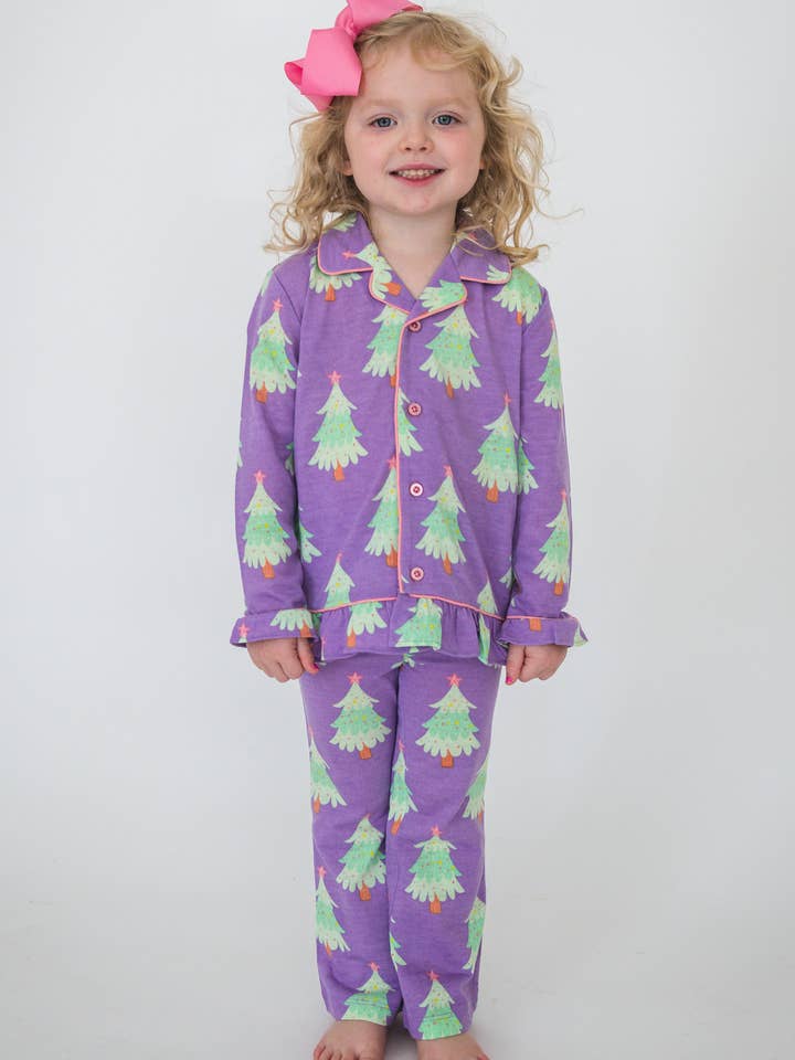 SoftSnooze™ Girls Purple Twinkling Trees Long Sleeve Button Up Ruffle Flare Pajama Set
for wholesale on Faire0