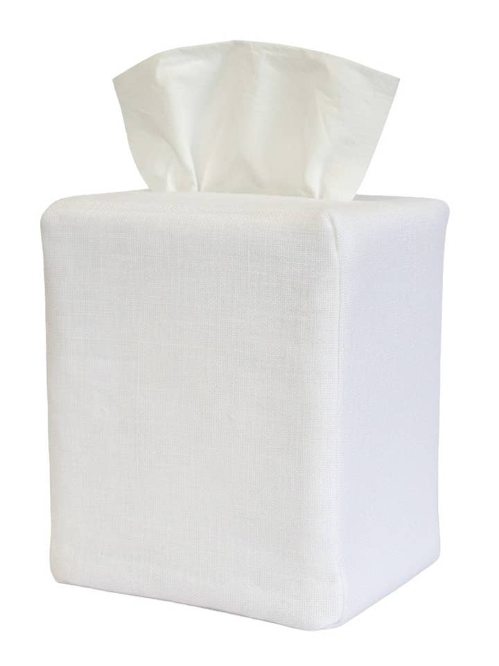 Tissue Box Cover - White Linen, Double Lined, Square Opening, No Embroidery for wholesale by Jacaranda Living