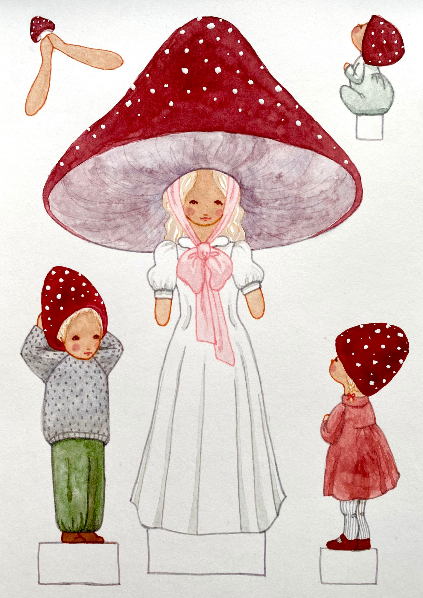 Tall Hat Tales - Wholesale Art Print - Papercutouts Red Mushroom Mom with Children5