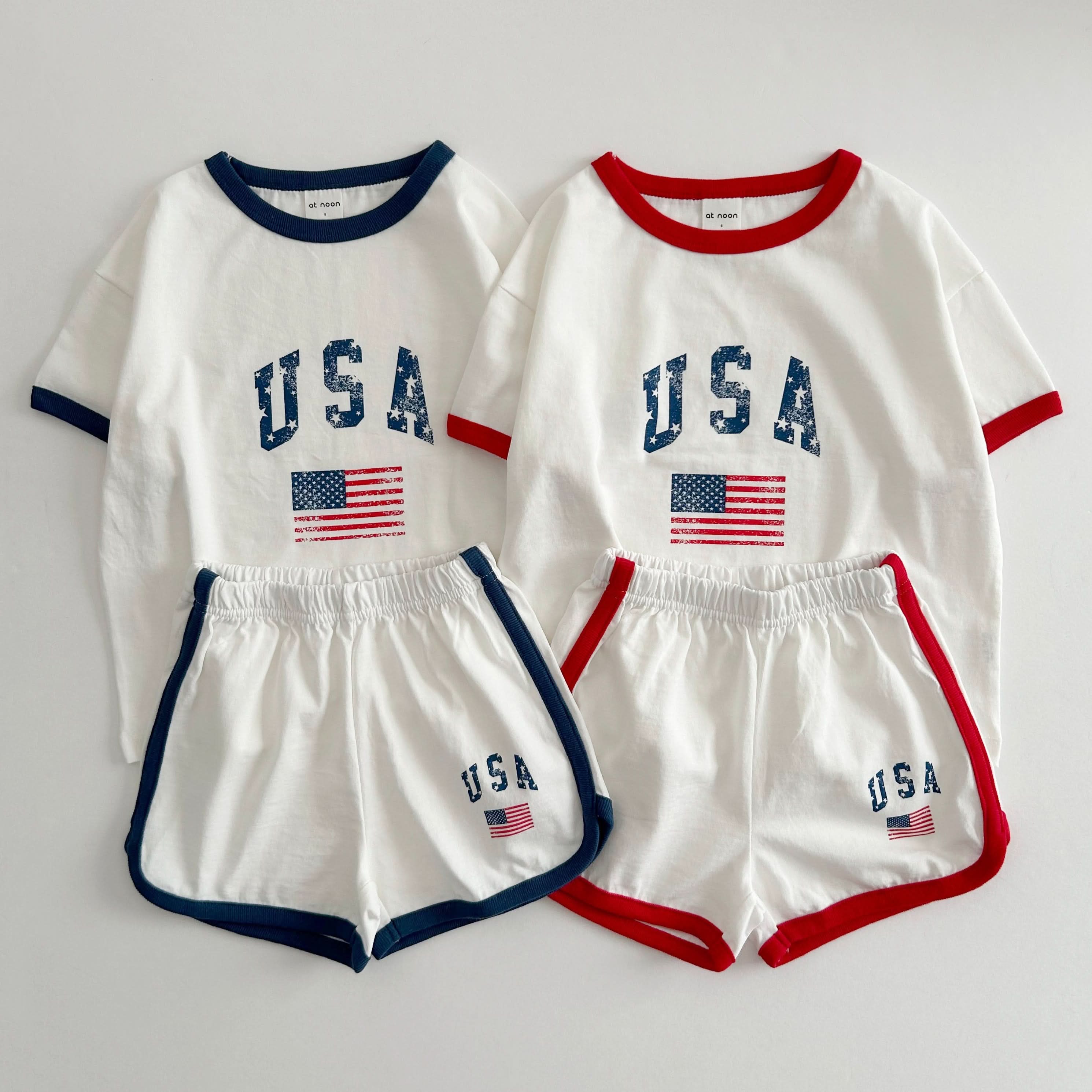 At Noon - Wholesale Top en short set - Kinderen - [At Noon Original Design] Kinderen Vintage Print USA Ringer T-shirt en Shorts Set (8m-7j) - 3 Kleuren16