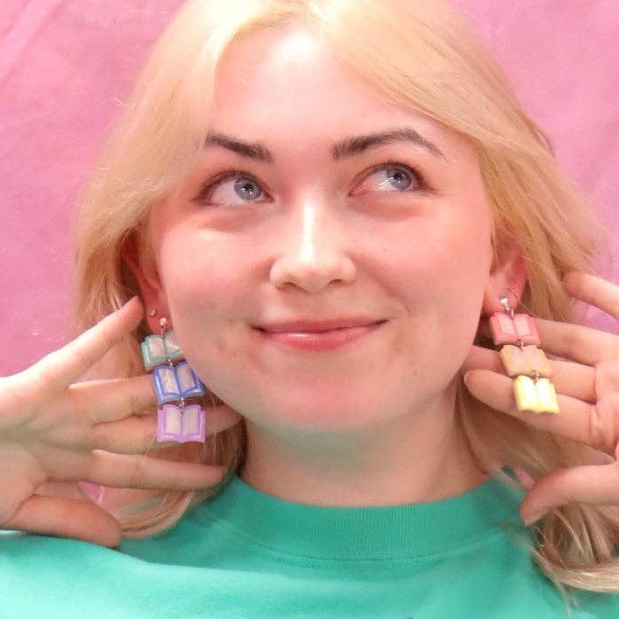 Rainbow Dangling Books Earrings for wholesale by Sunshine Studio