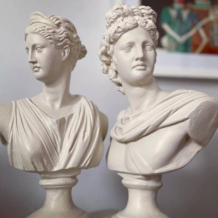 RomaArtSculptures – Großhandel Skulptur – Große Artemis- und Apollostatuen – Zwillingsbüsten aus Marmorstäuben