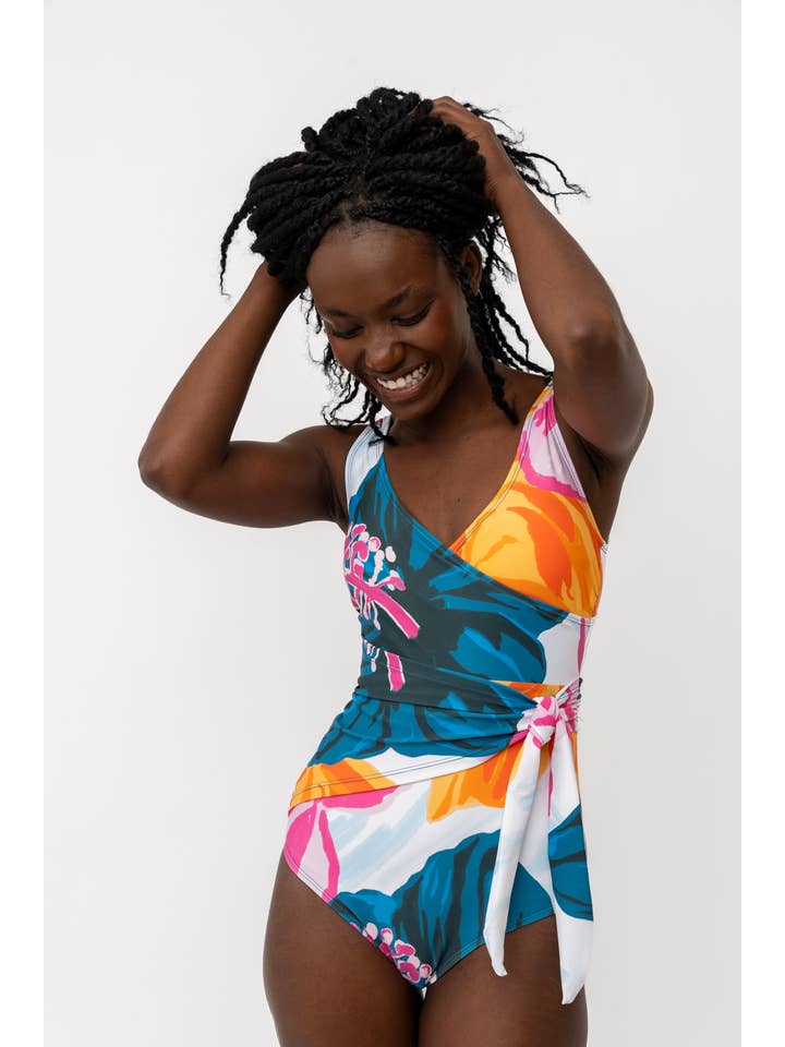 Coral Reef Swim - Wholesale One Piece Swimsuit - Women's - Floral Fusion Wrap Front One Piece