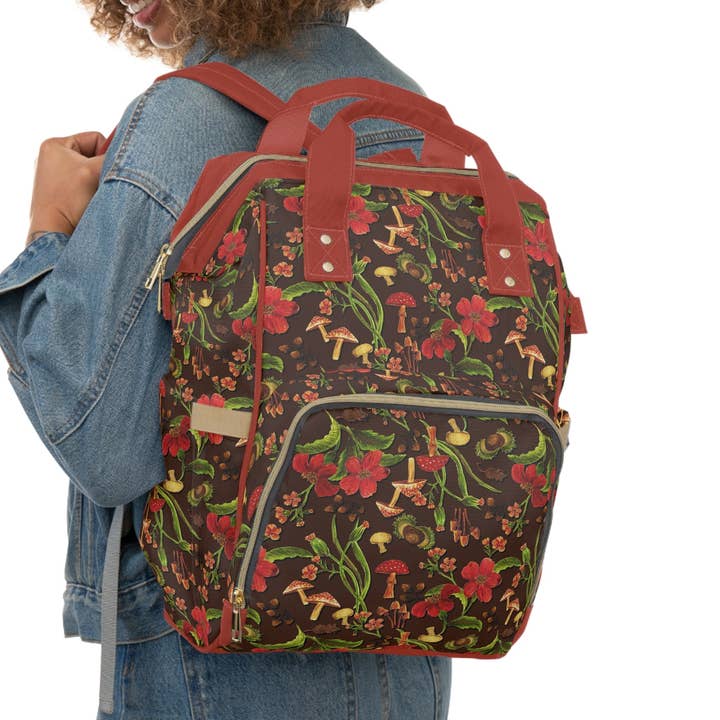 Autumn Mushrooms Multi-Function Baby Changing Backpack Bag - for wholesale by Green Cheeks