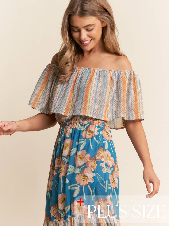 Spring Boho Floral Pattern Tiered Dress 1X-3X for wholesale on Faire