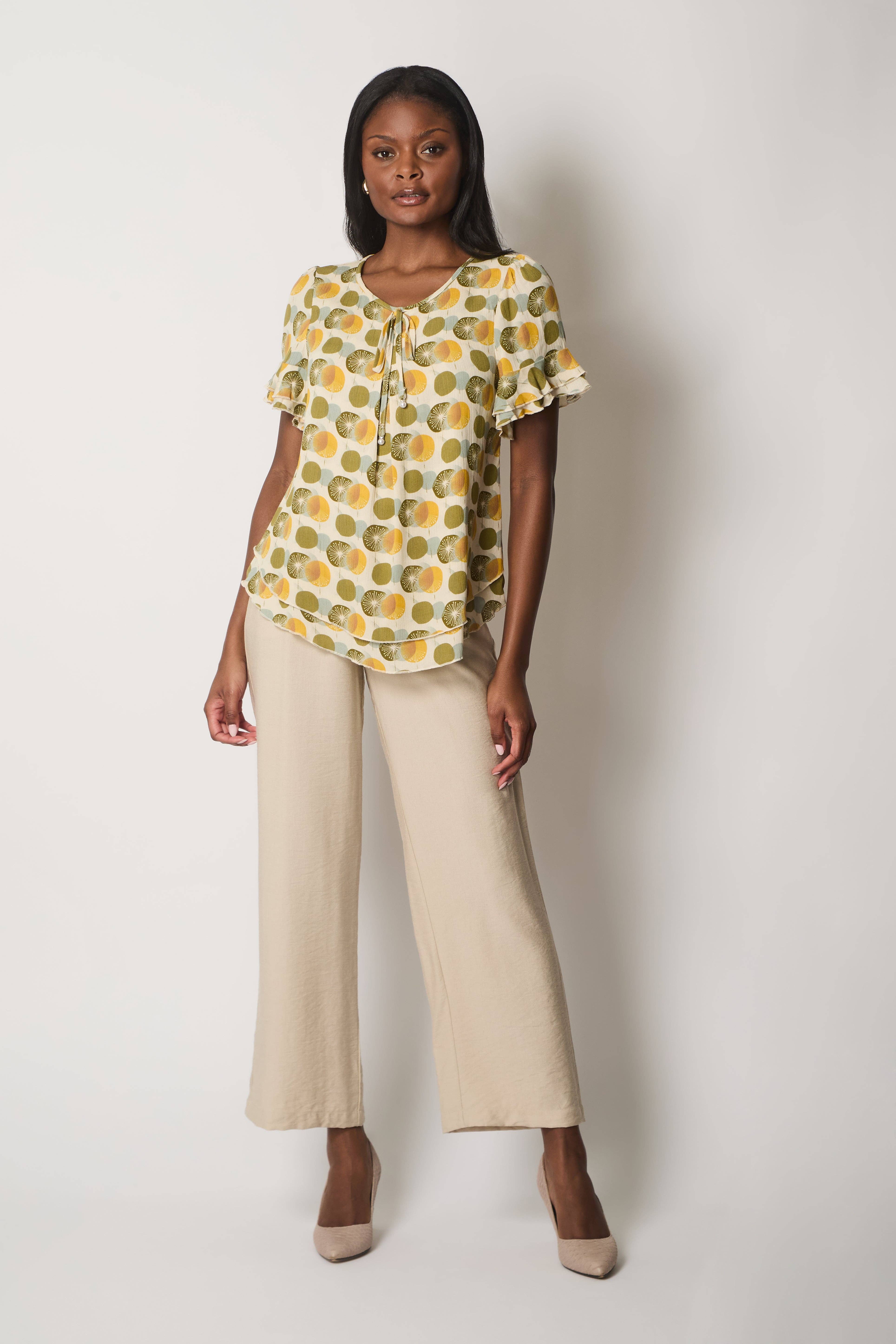 SOLO – wholesale Blouse – Women’s – Printed Tie-Neck Top - Khaki1