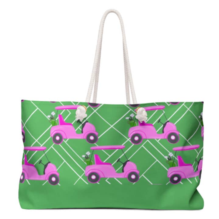 Weekender Tygväska - Rosa och Gröna Golfvagnar för wholesale av Peachy Pendants
