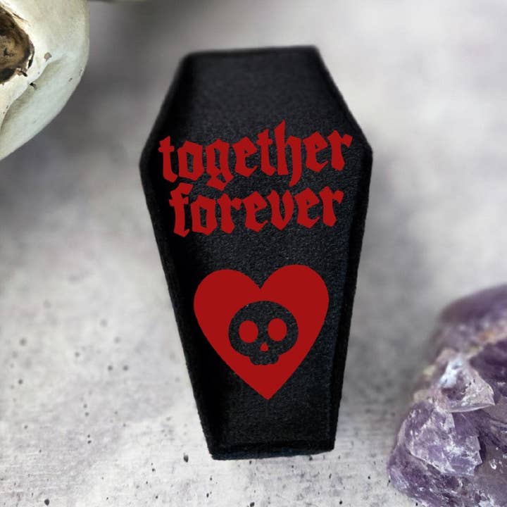 Together Forever Black Velvet Coffin Ring Box for wholesale by Salt and Sparkle