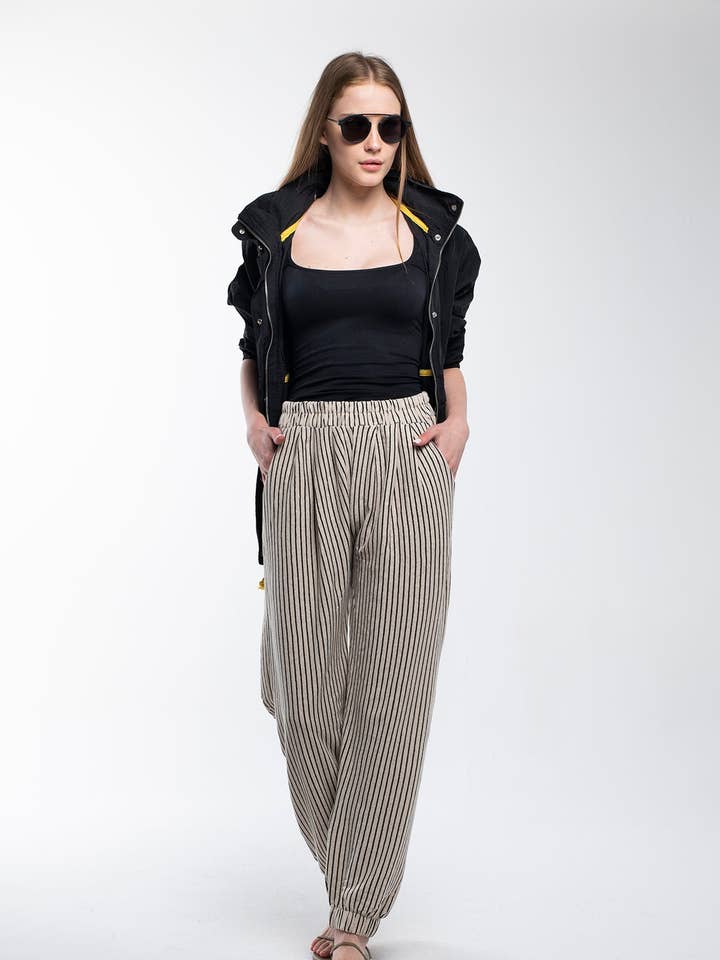 Striped Linen Pants with Elastic Legs for wholesale by Bee & Alpaca
