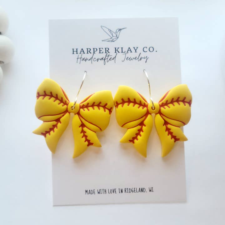 The Softball Bows- Polymer Clay Dangle Earrings  for wholesale by Harper Klay Co