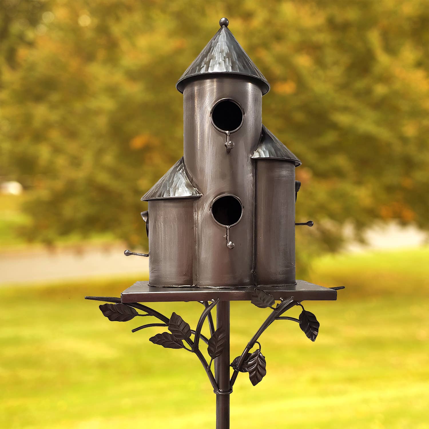 Zaer Ltd. International - Wholesale Bird House - Tall Cylinder Triple Birdhouse Stake- 2 Color Options10