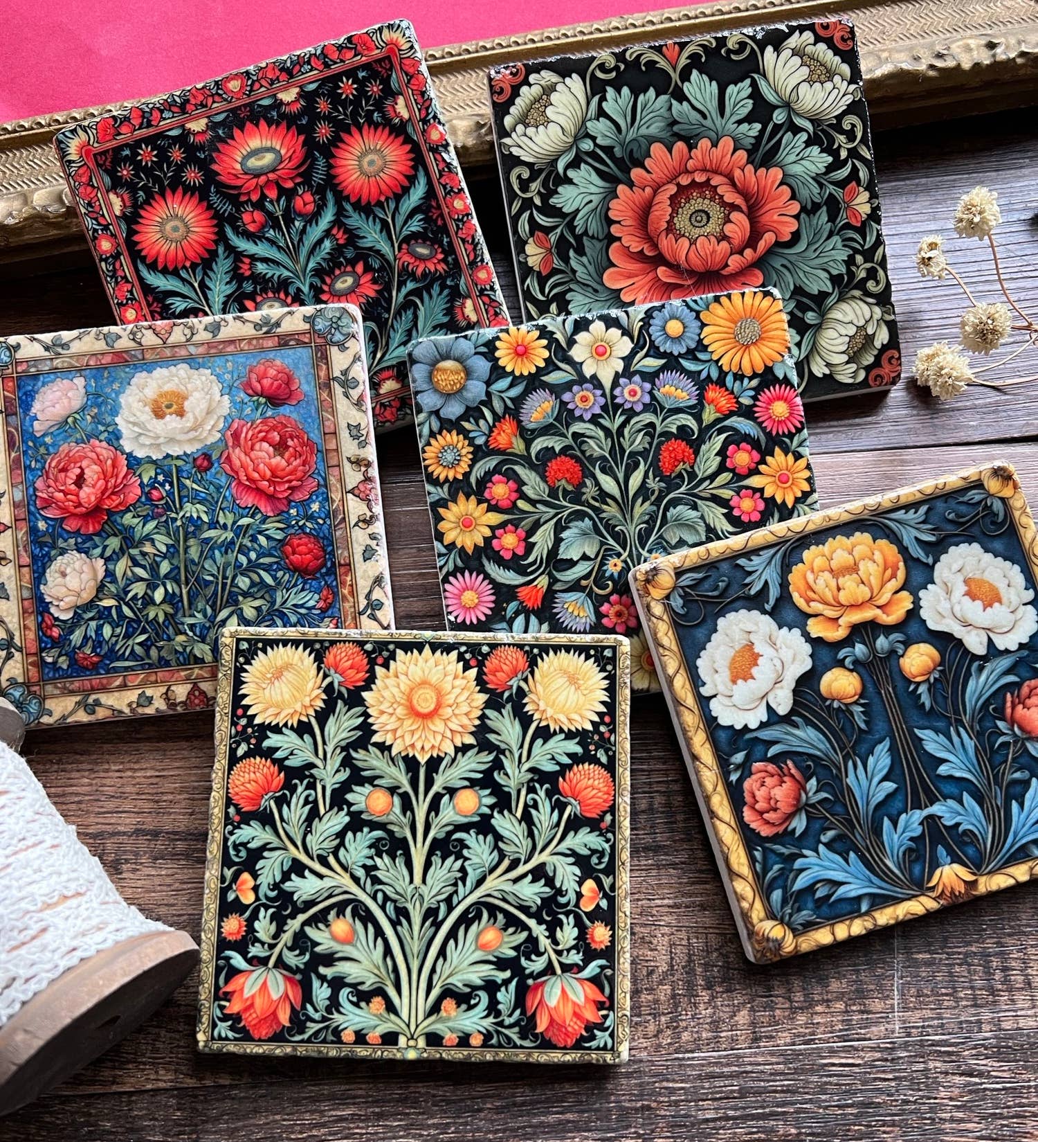 The Painted Lily - Wholesale Coasters - William Morris inspired stone coasters - case of 6