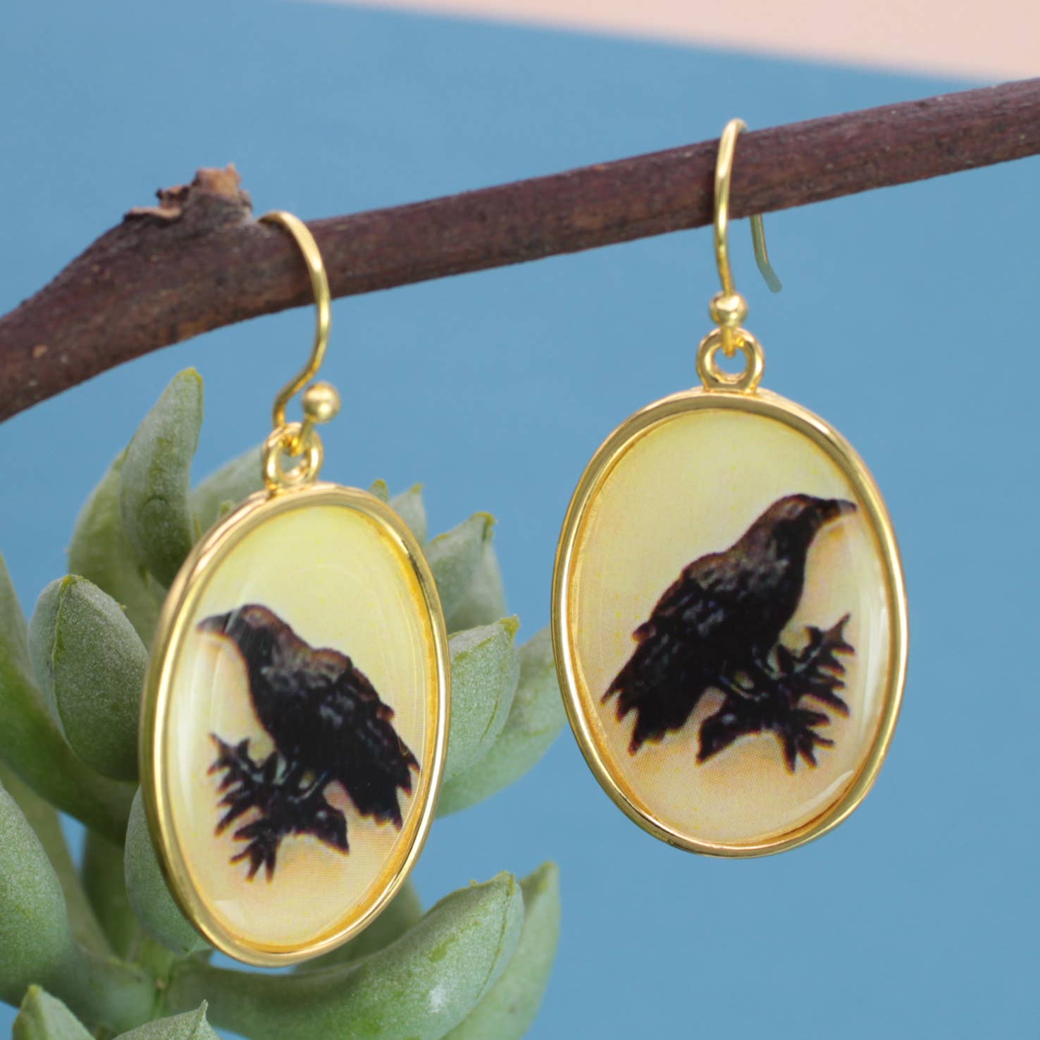 ZAD - Wholesale Dangle Earrings - Vintage Raven Print Gold Earrings2