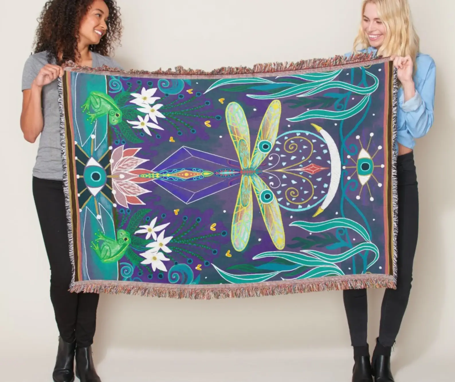 Blue Lucky Evil Eye Dragonfly Woven Afghan Blanket Tapestry Throw for wholesale on Faire2