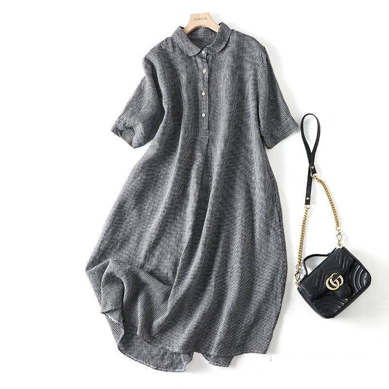 UZ Wholesale Store – wholesale Klänning - Dam – Kortärmad A-linjeformad klänning i ramie och bomull med slagkrage, casual retrostil0