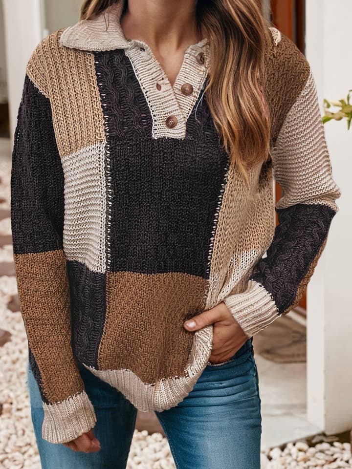 LDC Color Block Cable Knit Sleeve Buttons Collared Sweater for wholesale by Little Daisy Closet