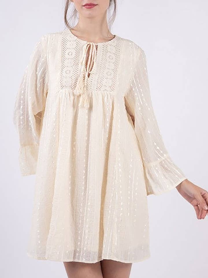 IVORY DOBBY DOTS STRIPES MESH TULLE CHIFFON MINI DRESS for wholesale on Faire0