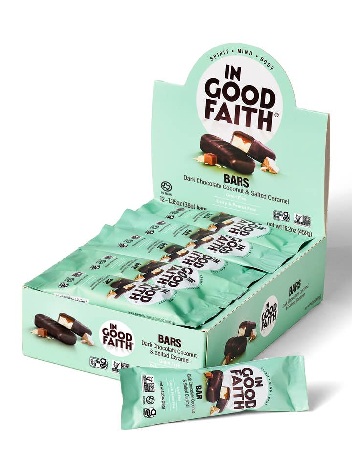 Dark Chocolate Coconut & Salted Caramel Bars for wholesale by In Good Faith