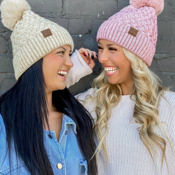 MiMi Wholesale - Wholesale Beanie - Women's - HAT3861 Kayley Woven Cable Knit Cuffed Pom Beanie