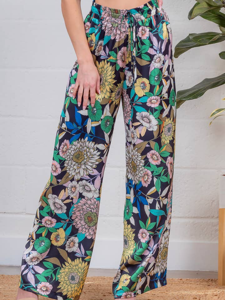 BP7055T-High waisted floral print drawstring pants for wholesale by Taelynn