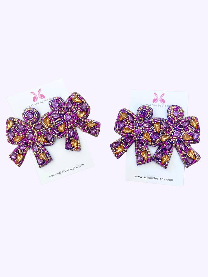 Purple & Gold Beaded Bow Earrings - Game Day for wholesale by Valois Designs