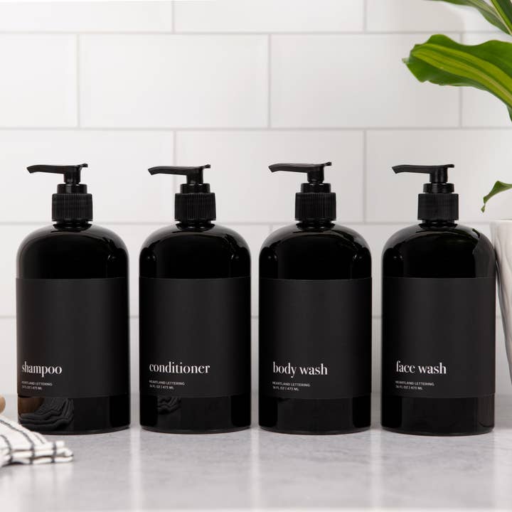 Joie Designs Co. | Refillable Bottles - Wholesale Soap Dispenser - Black Minimalist Shower Dispenser Bottles - Manhattan Collection, Black Matte Label | Black Glossy Bottle