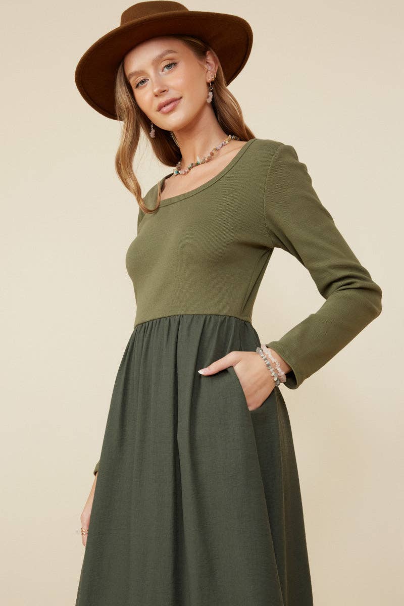 Olive Womens Ribbed Knit Mixed Media Scoop Neck Dress for wholesale on Faire3