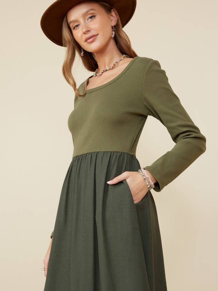 Olive Womens Ribbed Knit Mixed Media Scoop Neck Dress for wholesale on Faire3